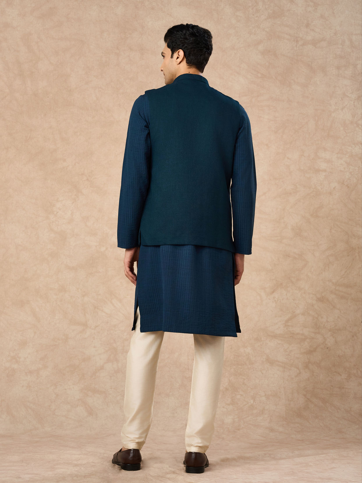 Manyavar Men Teal Blue Blended Rayon Nehru Jacket