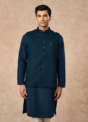 Manyavar Men Teal Blue Blended Rayon Nehru Jacket