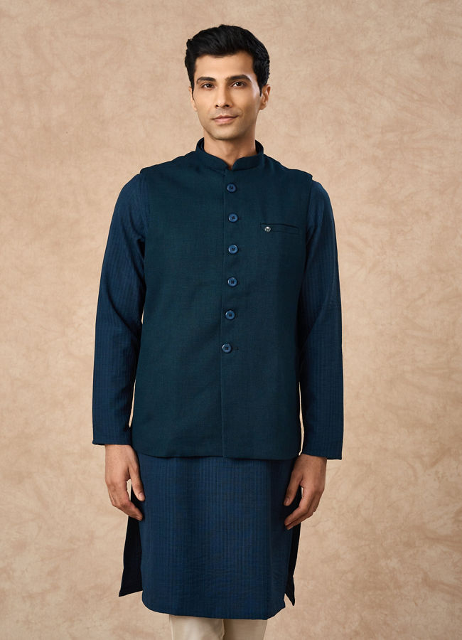Manyavar Men Teal Blue Blended Rayon Nehru Jacket