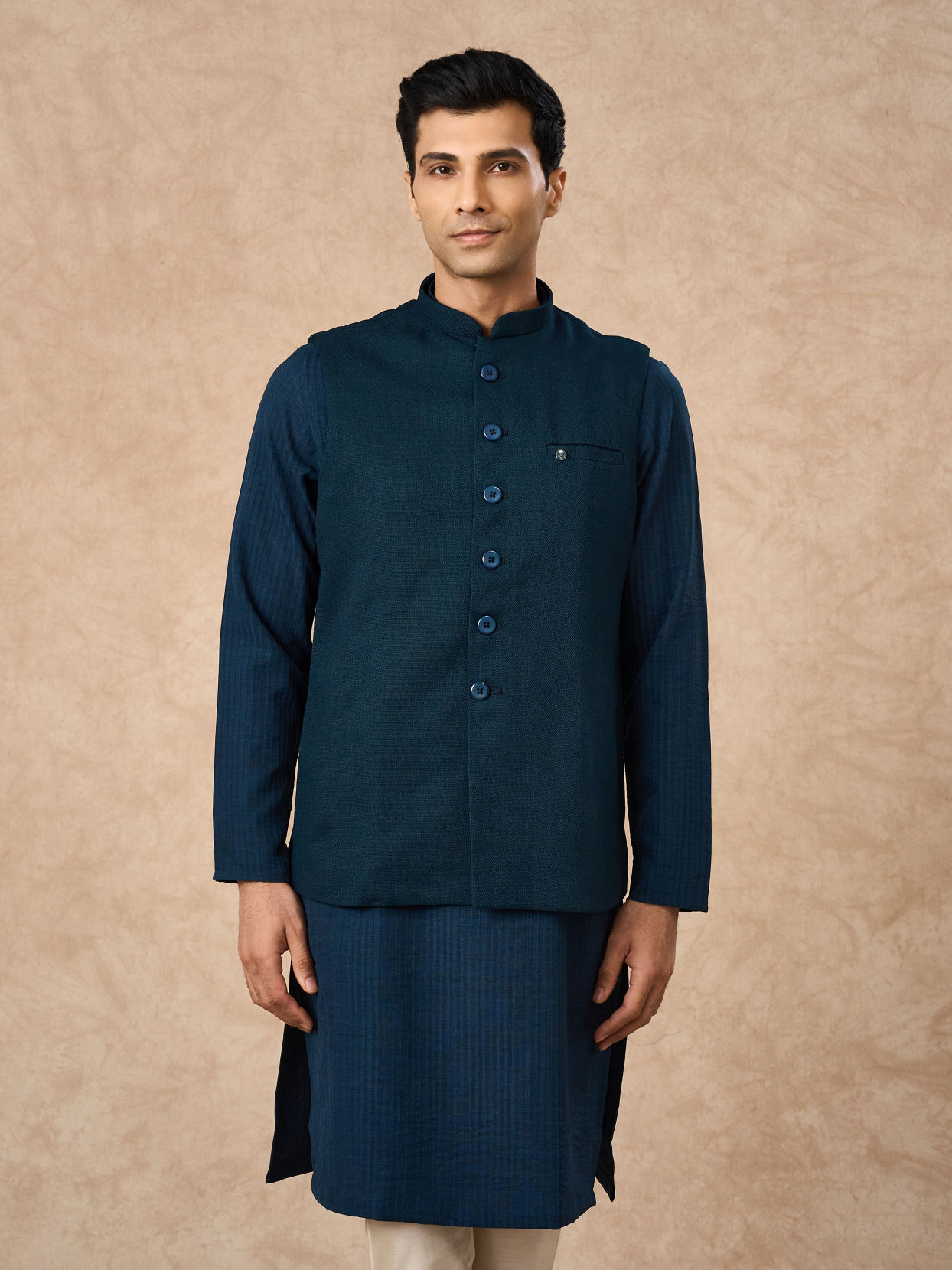 Manyavar Men Teal Blue Blended Rayon Nehru Jacket