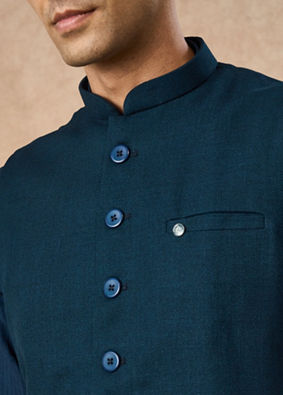 Manyavar Men Teal Blue Blended Rayon Nehru Jacket