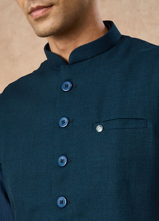 Manyavar Men Teal Blue Blended Rayon Nehru Jacket