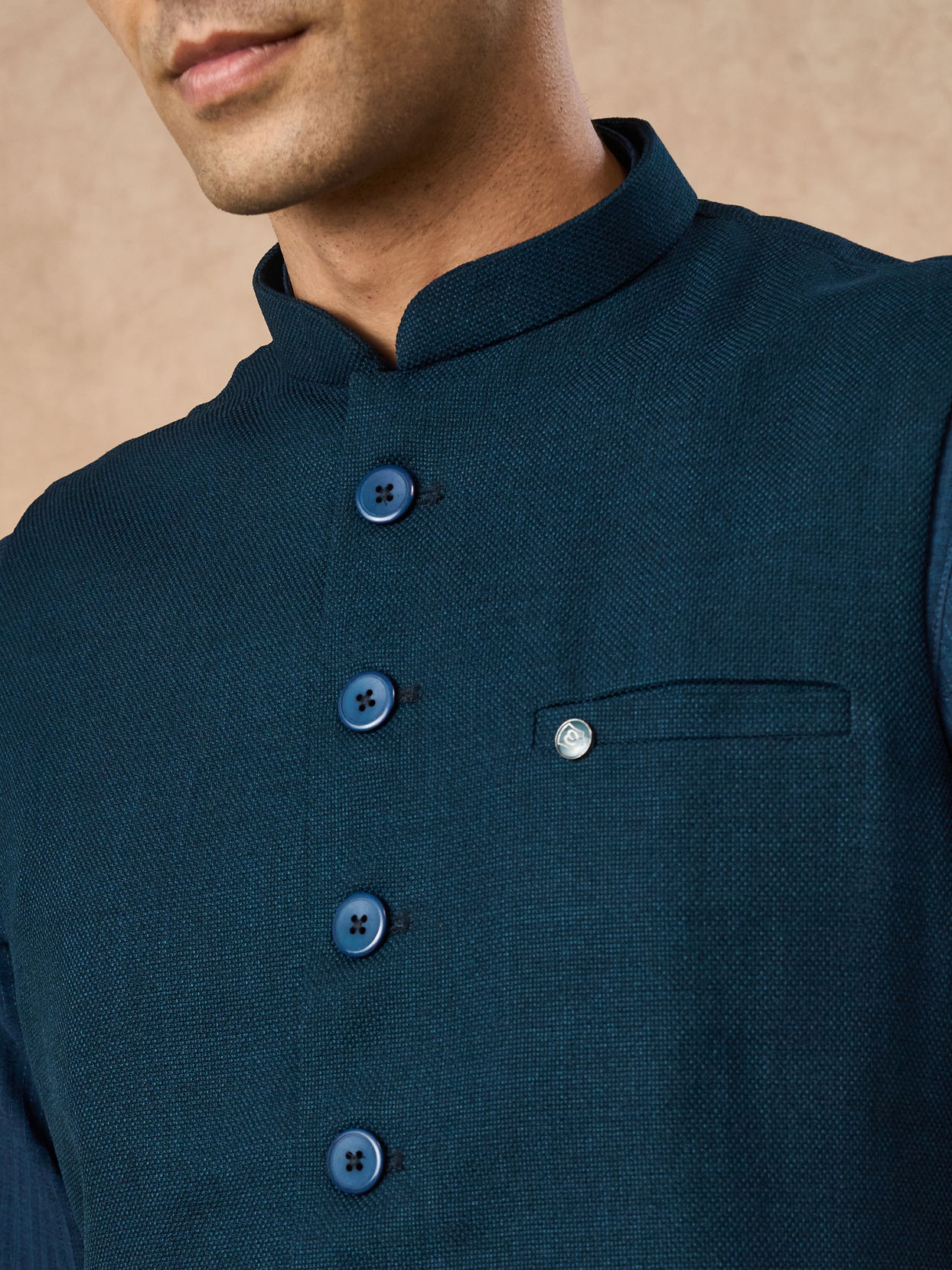 Manyavar Men Teal Blue Blended Rayon Nehru Jacket