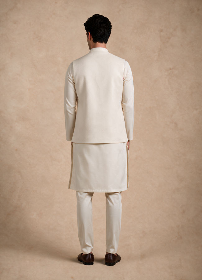 Manyavar Men Cream Blended Rayon Nehru Jacket with Self-Texture