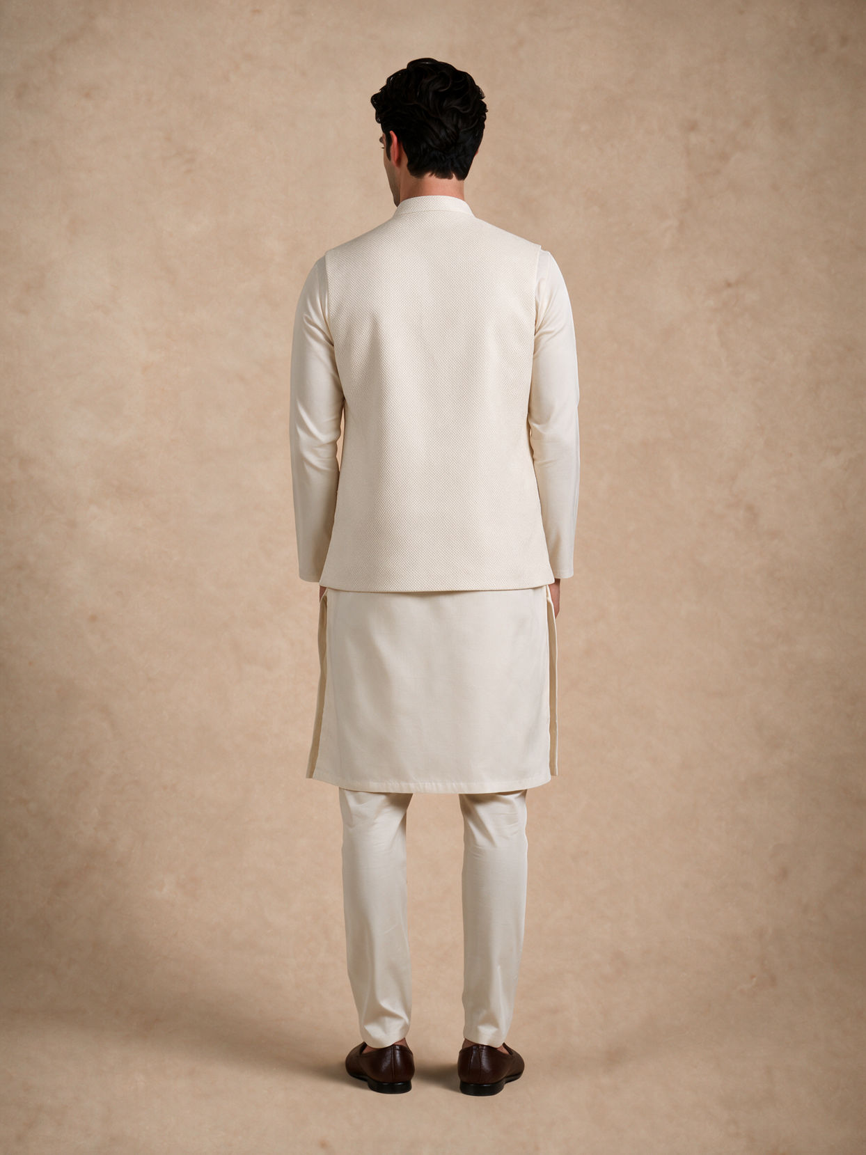 Manyavar Men Cream Blended Rayon Nehru Jacket with Self-Texture