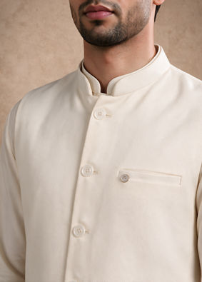 Manyavar Men Cream Blended Rayon Nehru Jacket with Self-Texture