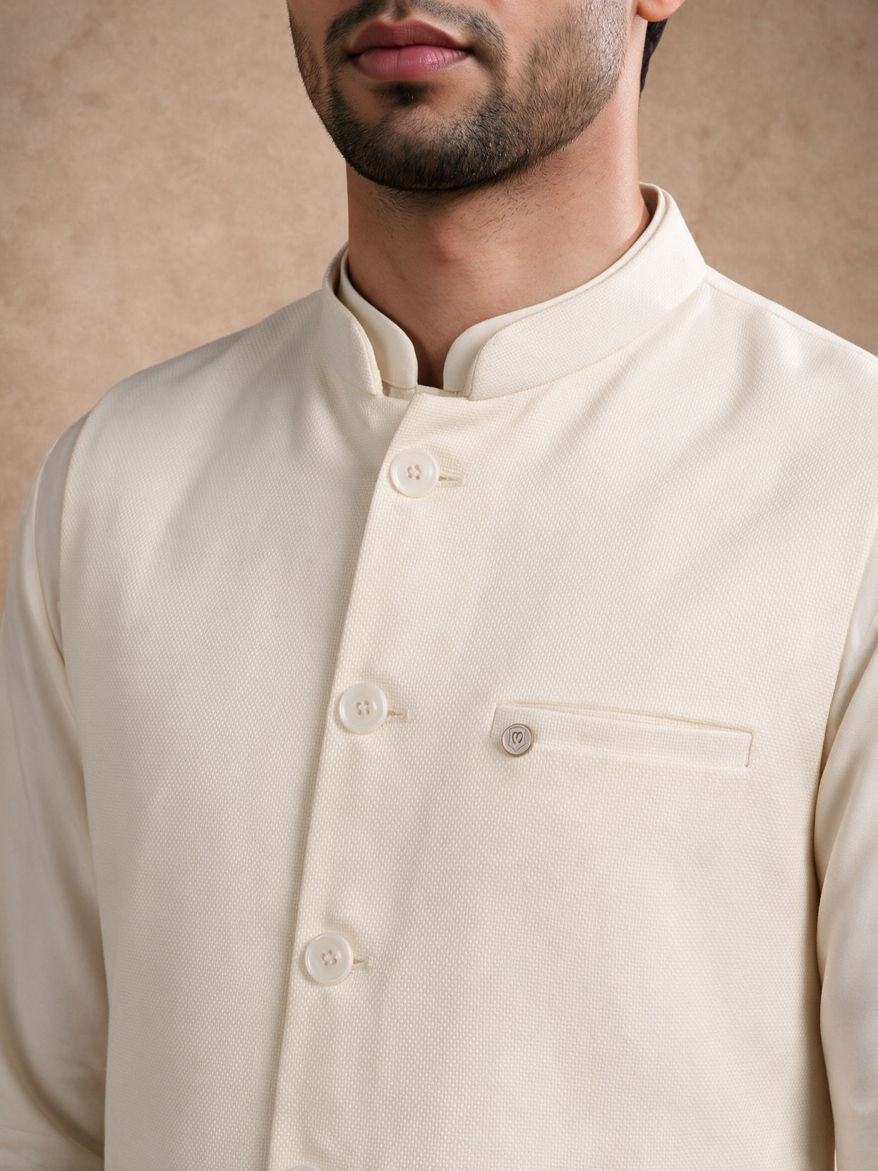 Manyavar Men Cream Blended Rayon Nehru Jacket with Self-Texture