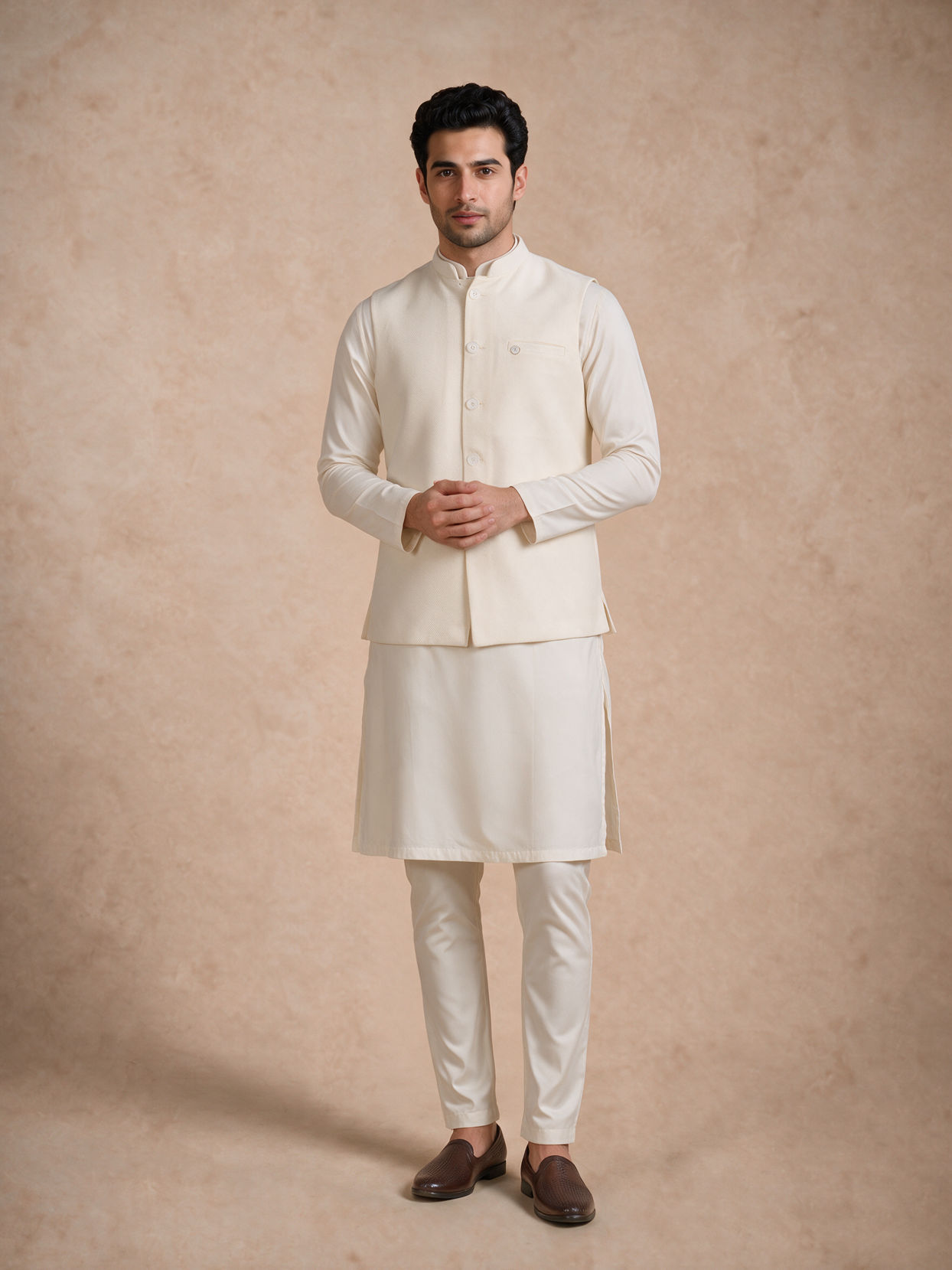 Manyavar Men Cream Blended Rayon Nehru Jacket with Self-Texture