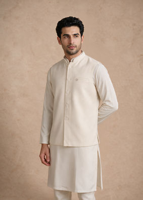 Manyavar Men Cream Blended Rayon Nehru Jacket with Self-Texture