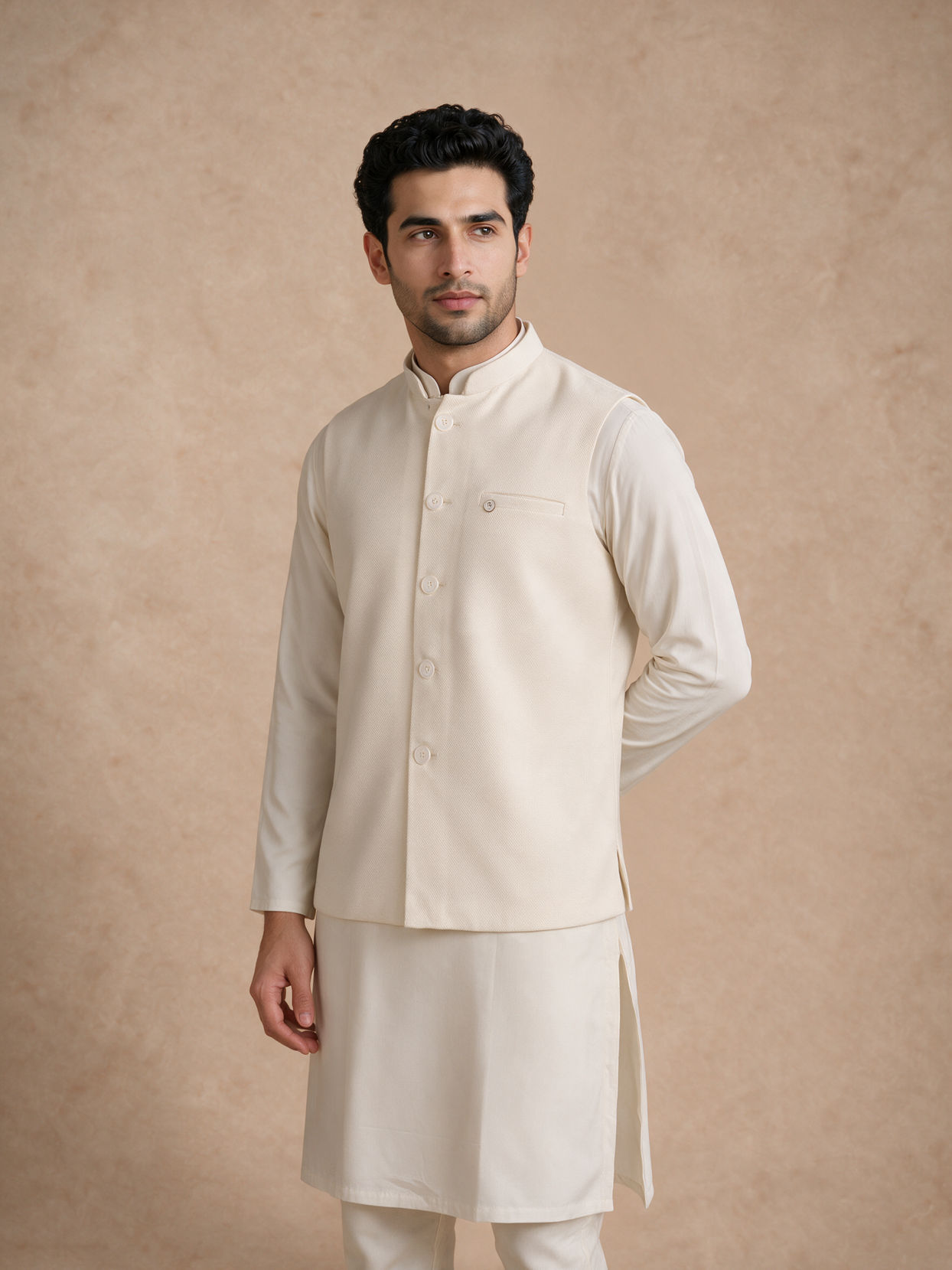 Manyavar Men Cream Blended Rayon Nehru Jacket with Self-Texture