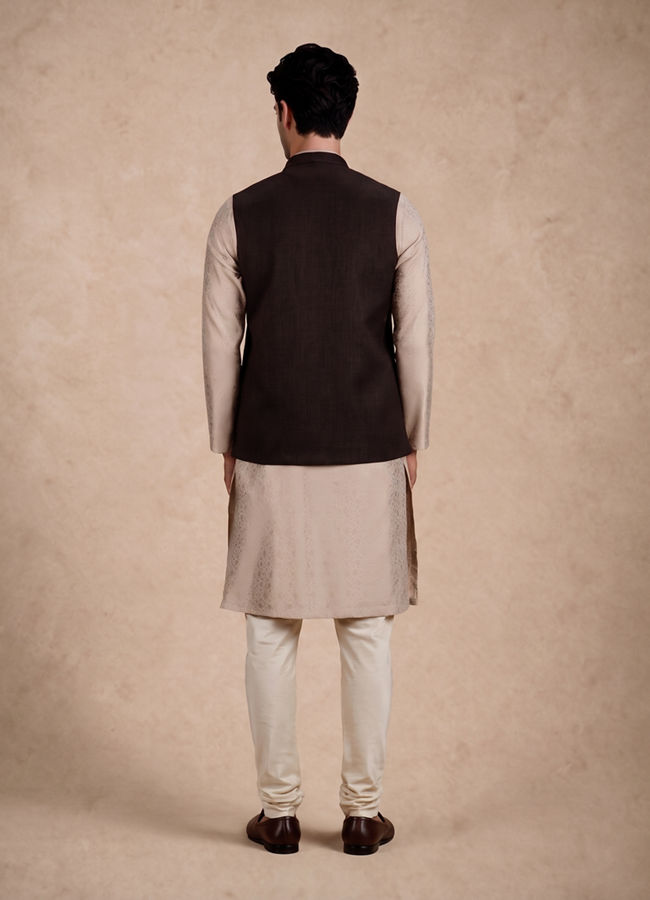 Manyavar Men Brown Blended Rayon Nehru Jacket with Pocket Pin