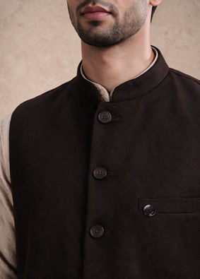 Manyavar Men Brown Blended Rayon Nehru Jacket with Pocket Pin