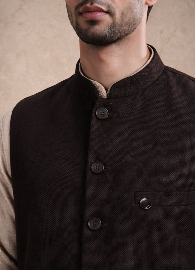 Manyavar Men Brown Blended Rayon Nehru Jacket with Pocket Pin