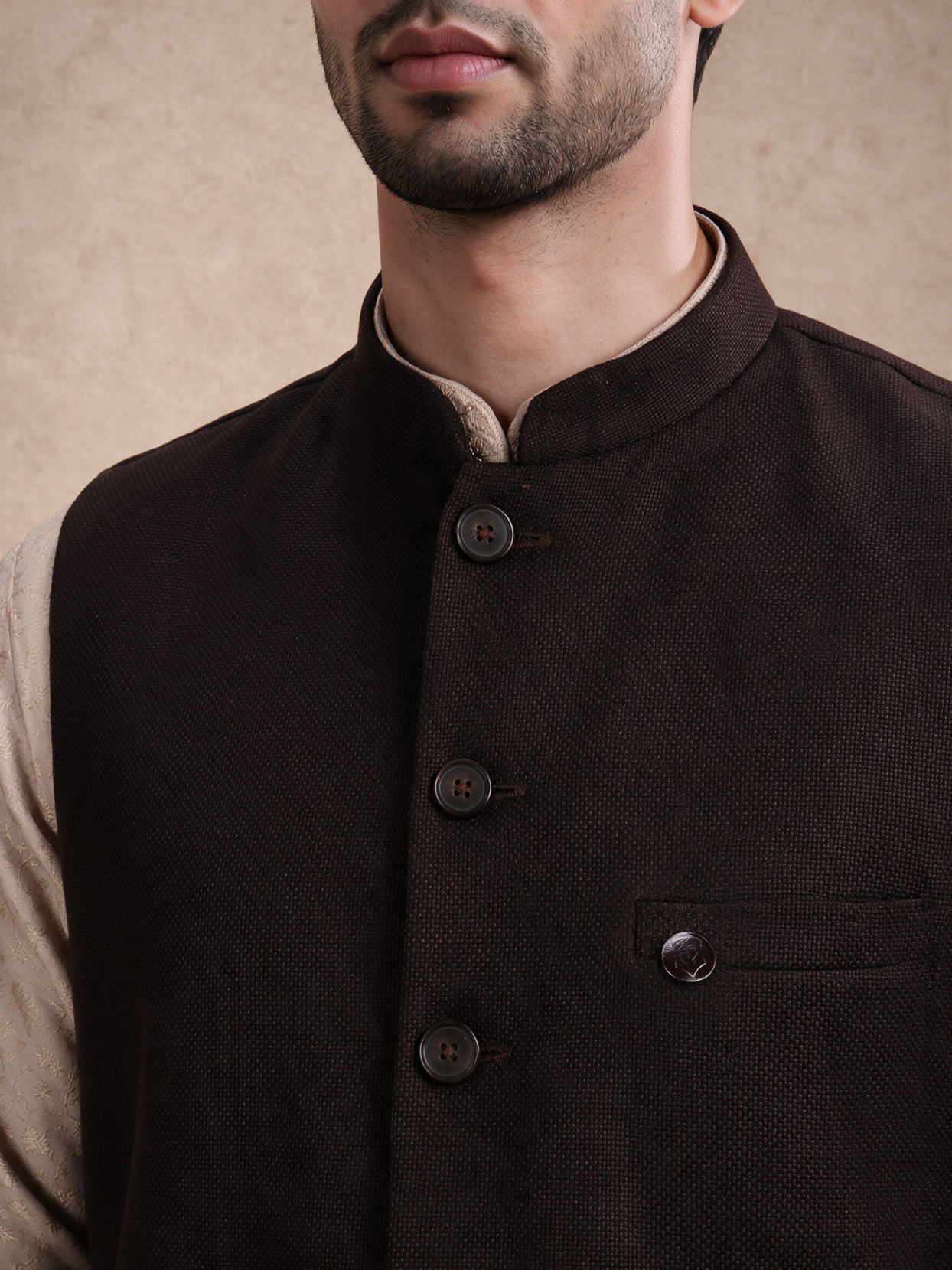 Manyavar Men Brown Blended Rayon Nehru Jacket with Pocket Pin