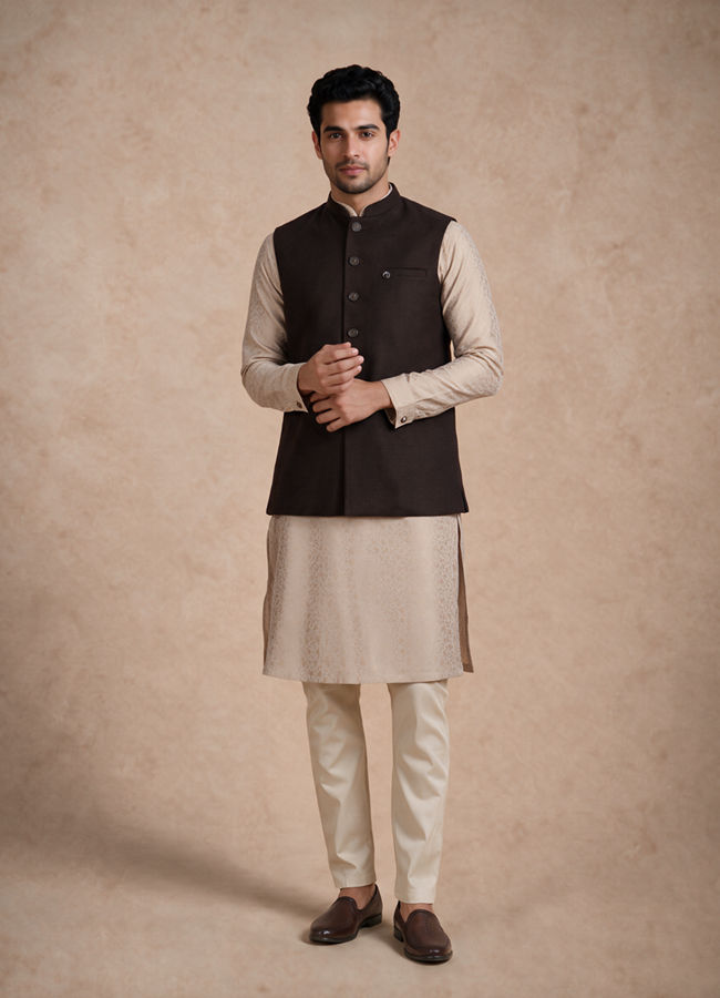 Manyavar Men Brown Blended Rayon Nehru Jacket with Pocket Pin