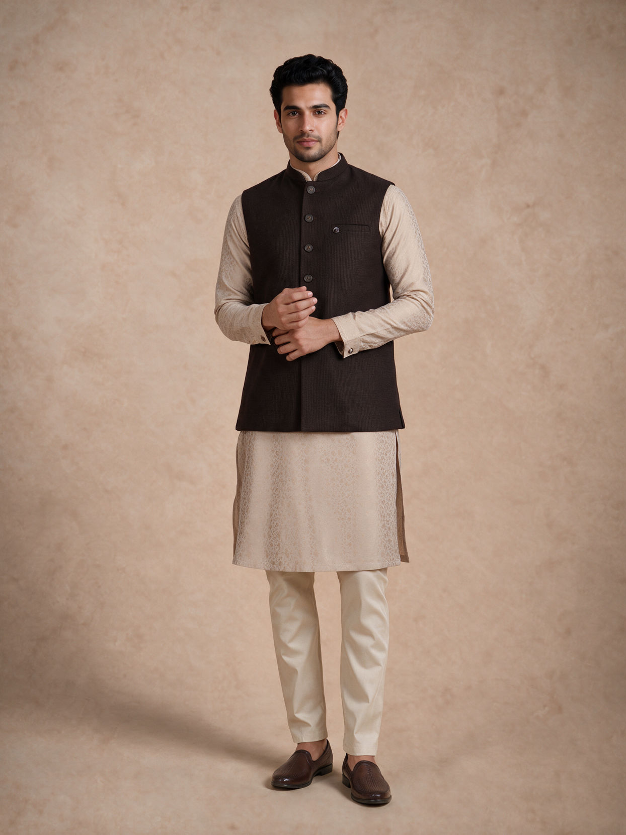 Manyavar Men Brown Blended Rayon Nehru Jacket with Pocket Pin