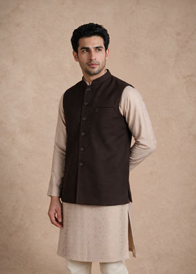 Manyavar Men Brown Blended Rayon Nehru Jacket with Pocket Pin