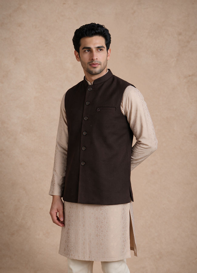 Manyavar Men Brown Blended Rayon Nehru Jacket with Pocket Pin