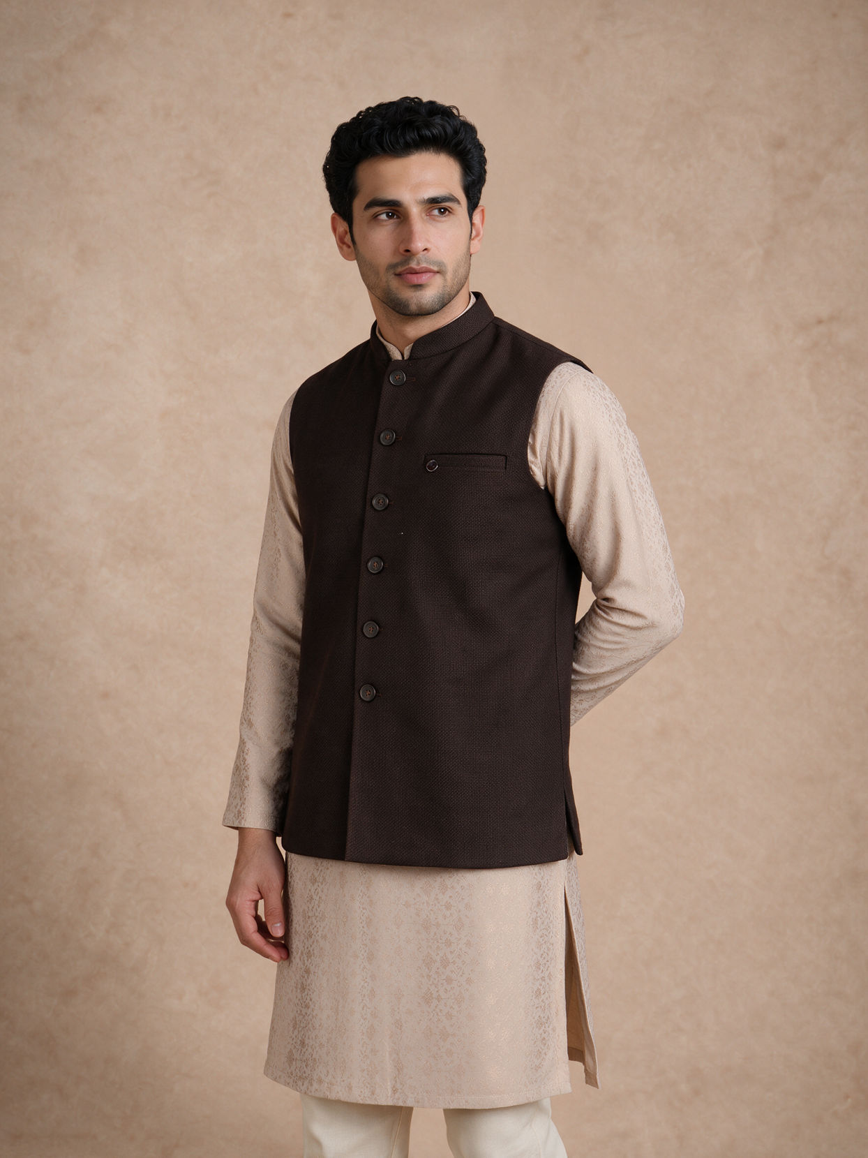 Manyavar Men Brown Blended Rayon Nehru Jacket with Pocket Pin