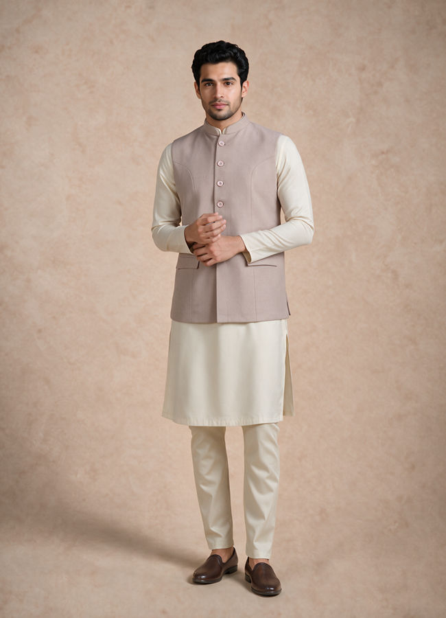 Manyavar Men Beige Blended Rayon Nehru Jacket