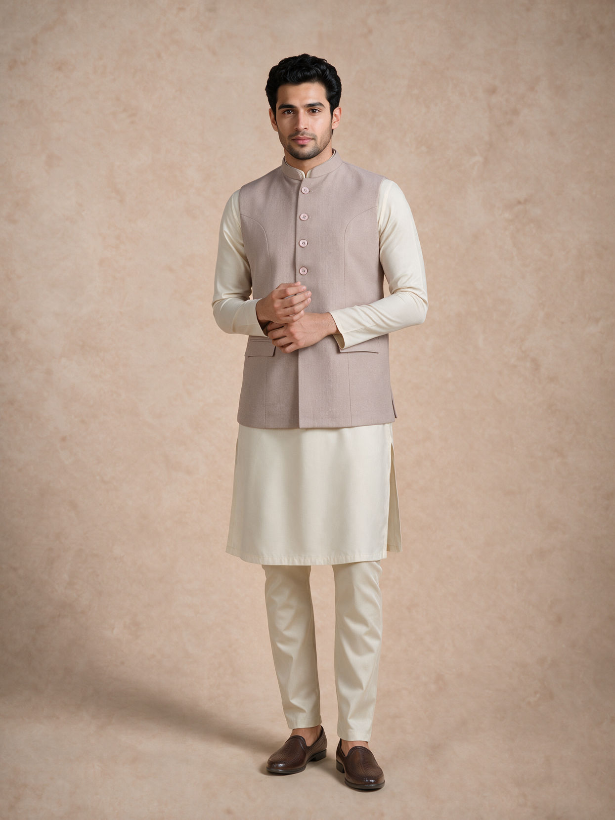 Manyavar Men Beige Blended Rayon Nehru Jacket