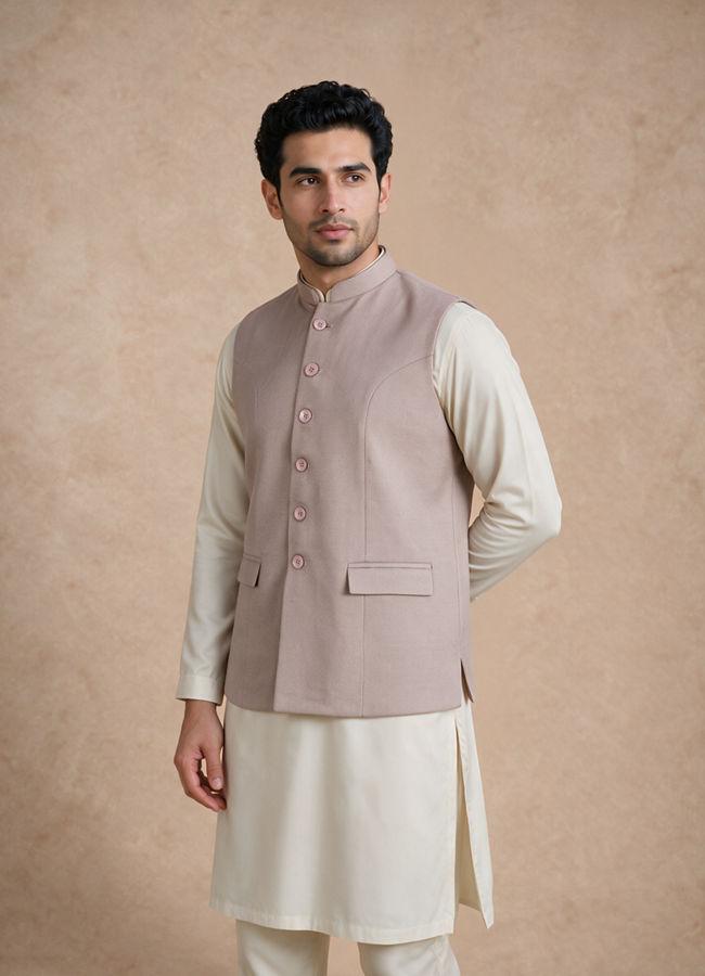 Manyavar Men Beige Blended Rayon Nehru Jacket