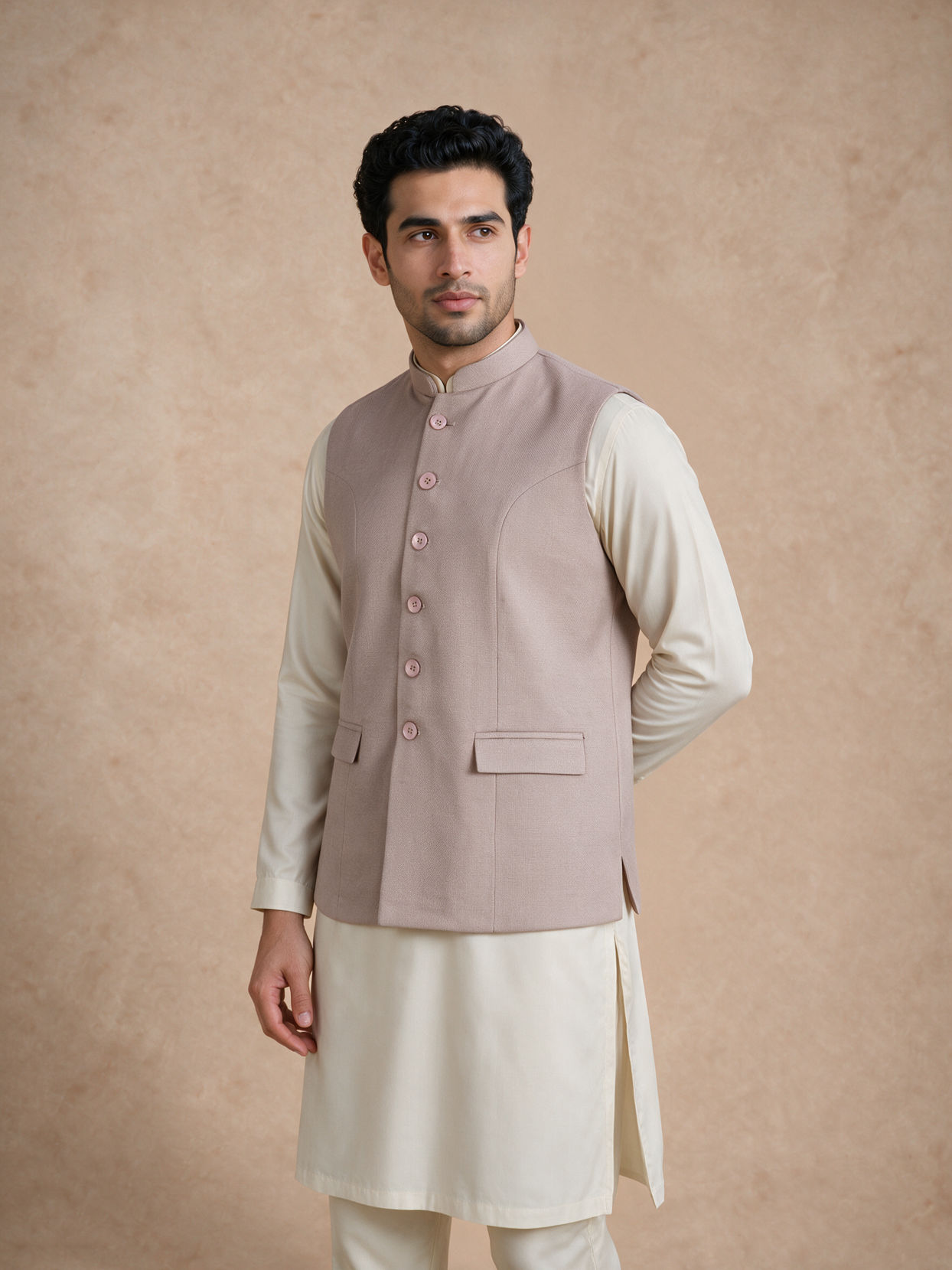 Manyavar Men Beige Blended Rayon Nehru Jacket