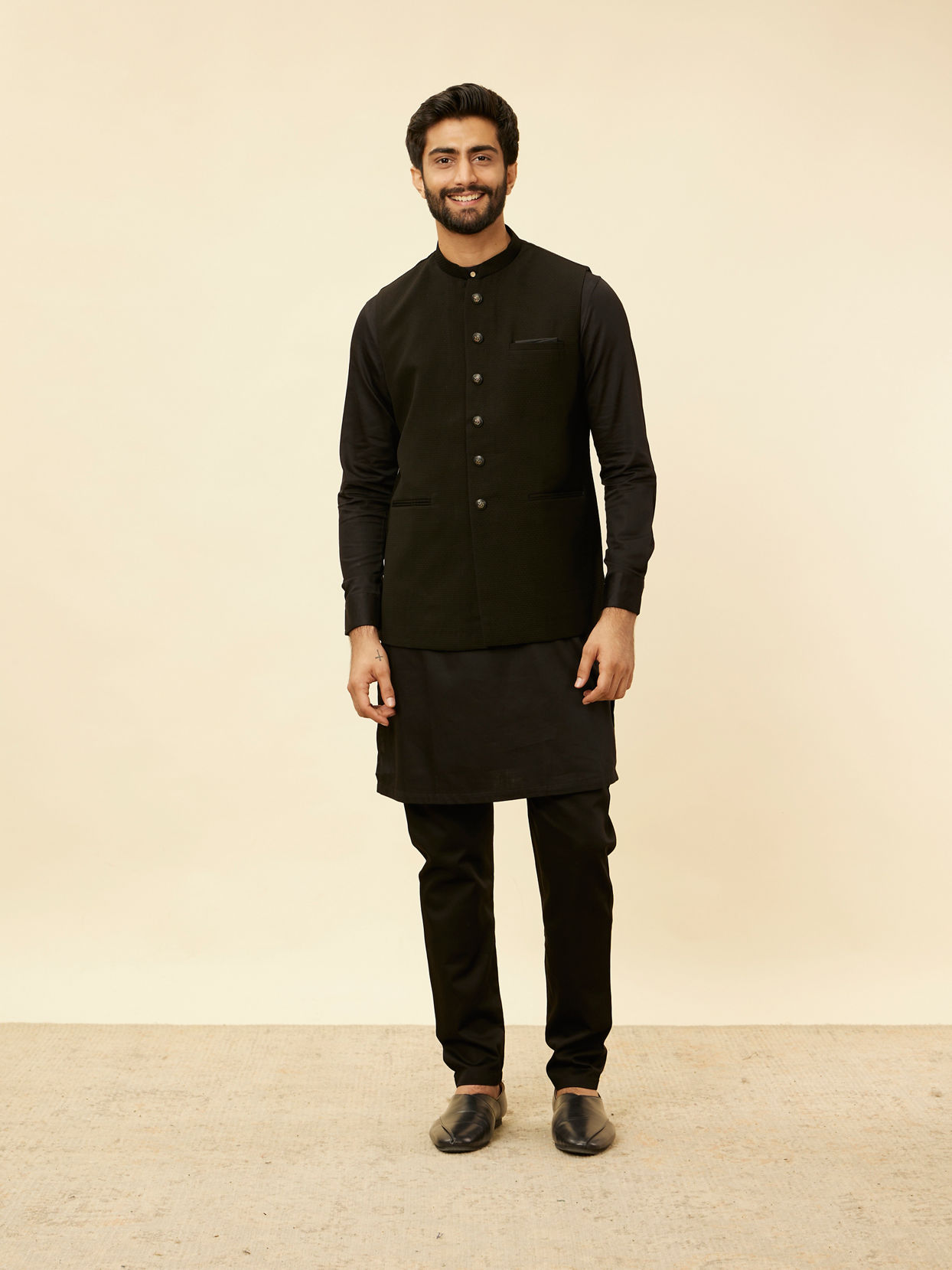 Manyavar Men Kohl Black Self Patterned Jacket