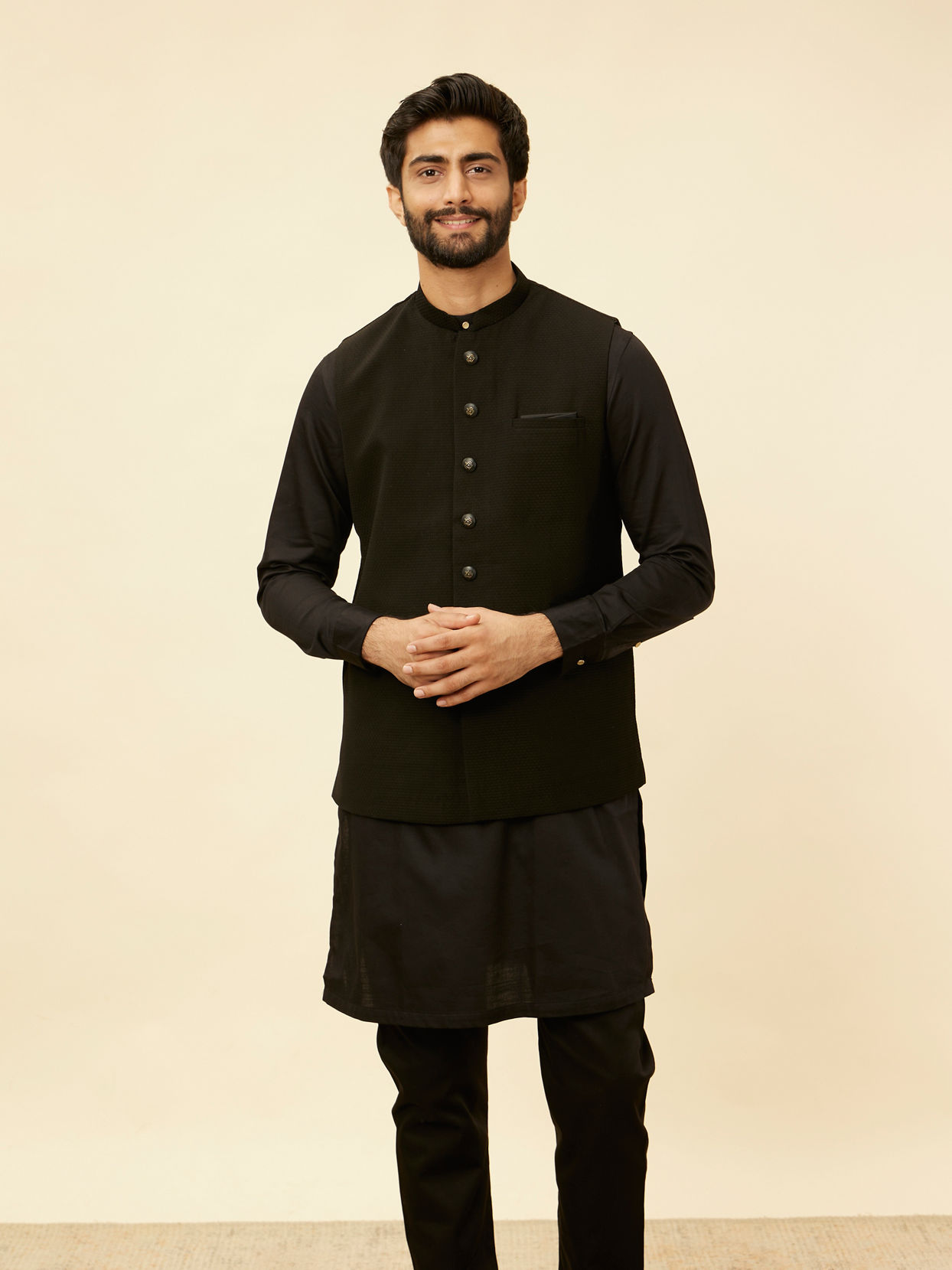 alt message - Manyavar Men Kohl Black Self Patterned Jacket image number 0