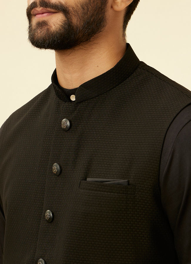 alt message - Manyavar Men Kohl Black Self Patterned Jacket image number 1