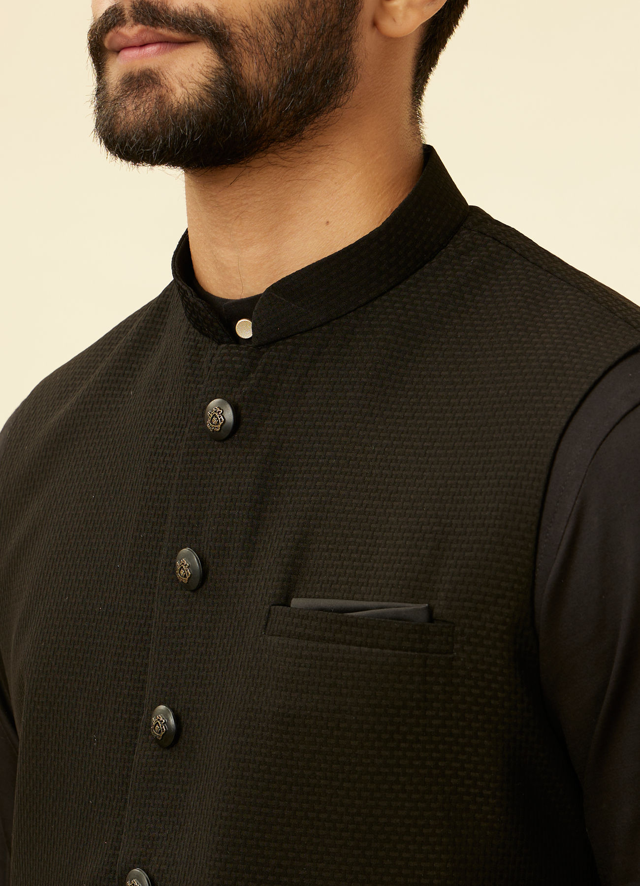 Manyavar Men Kohl Black Self Patterned Jacket