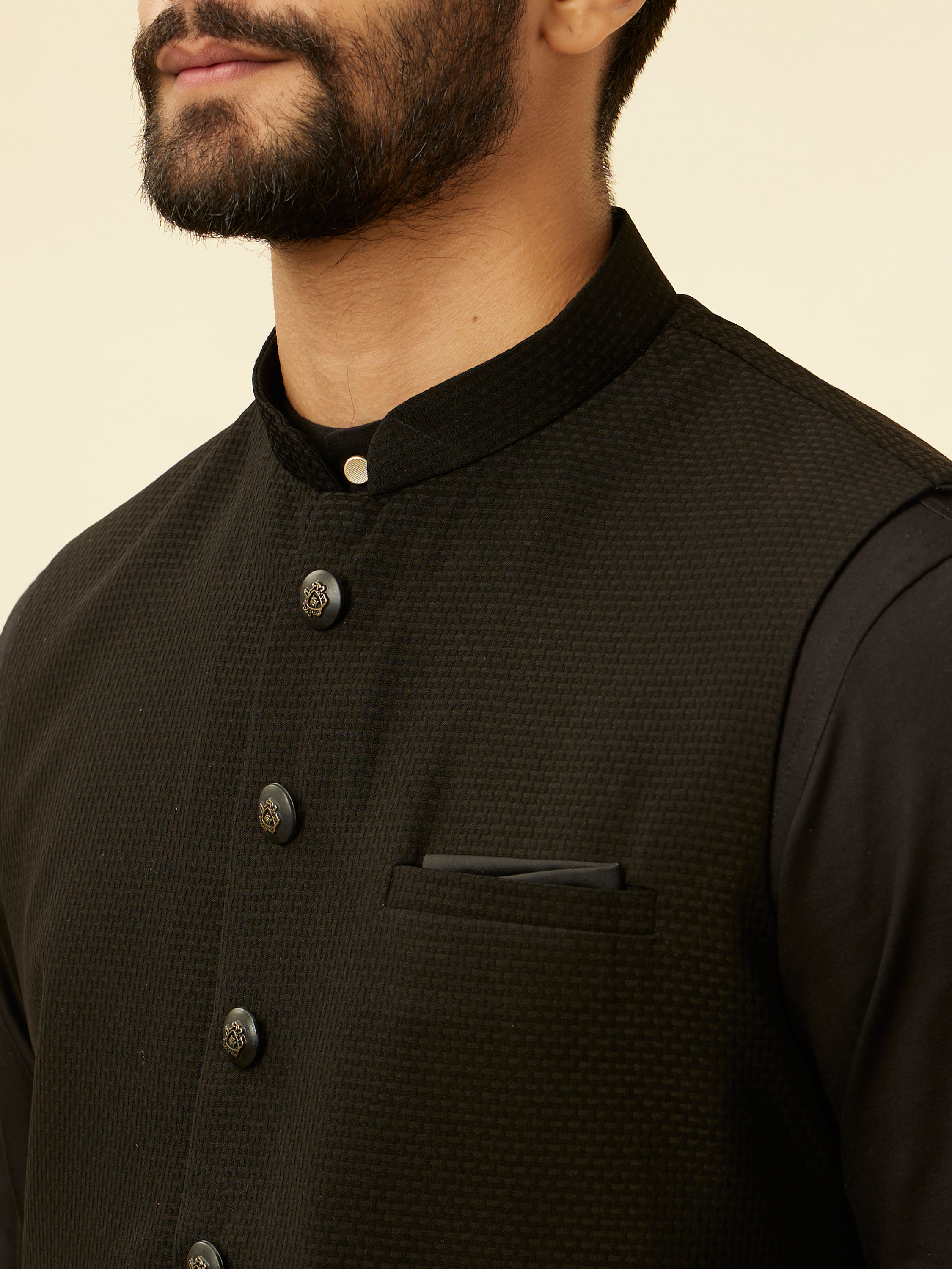 Manyavar Men Kohl Black Self Patterned Jacket