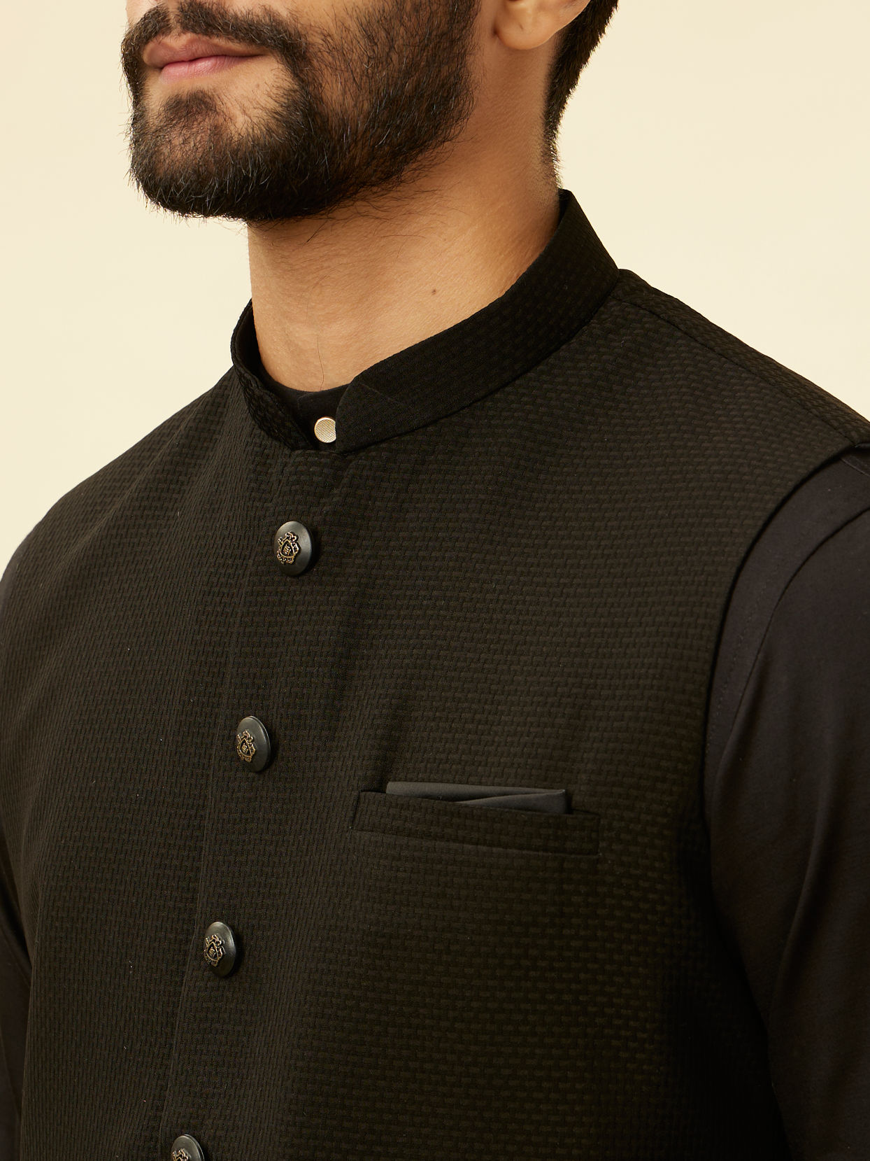 alt message - Manyavar Men Kohl Black Self Patterned Jacket image number 1