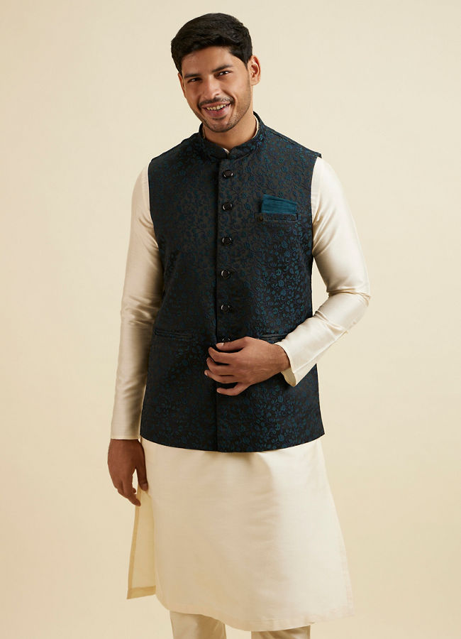 alt message - Manyavar Men Black Floral Jaal Patterned Jacket image number 0