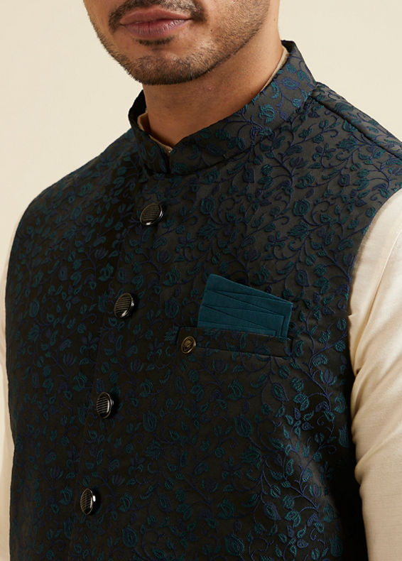 Manyavar Men Black Floral Jaal Patterned Jacket