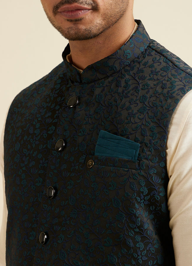 alt message - Manyavar Men Black Floral Jaal Patterned Jacket image number 1