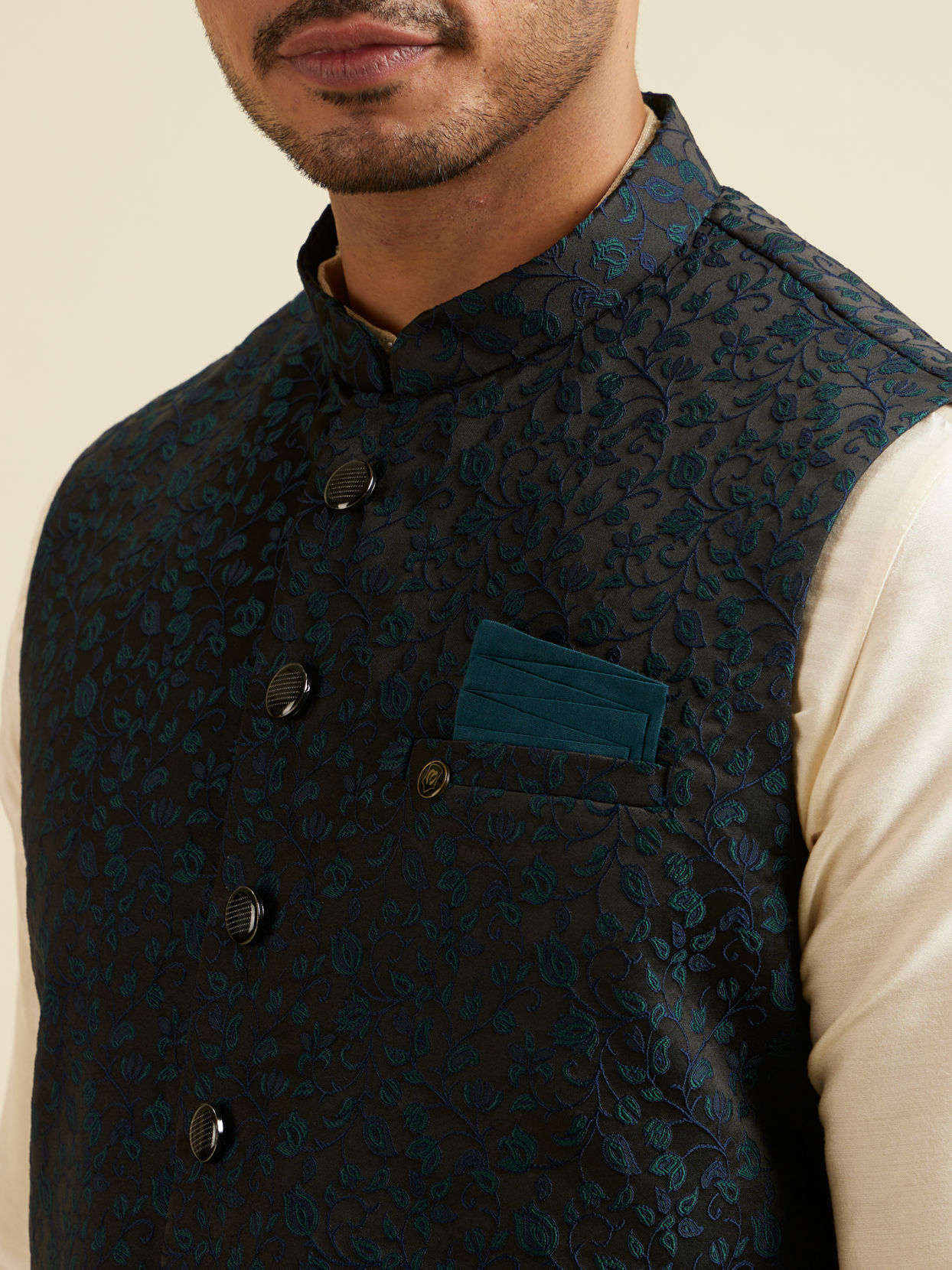 alt message - Manyavar Men Black Floral Jaal Patterned Jacket image number 1