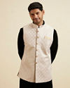 alt message - Manyavar Men Beige Brocade Jacket with Leaf Motifs image number 0