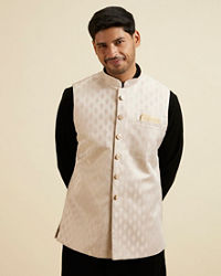 Manyavar Men Beige Brocade Jacket with Leaf Motifs