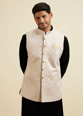 Manyavar Men Beige Brocade Jacket with Leaf Motifs