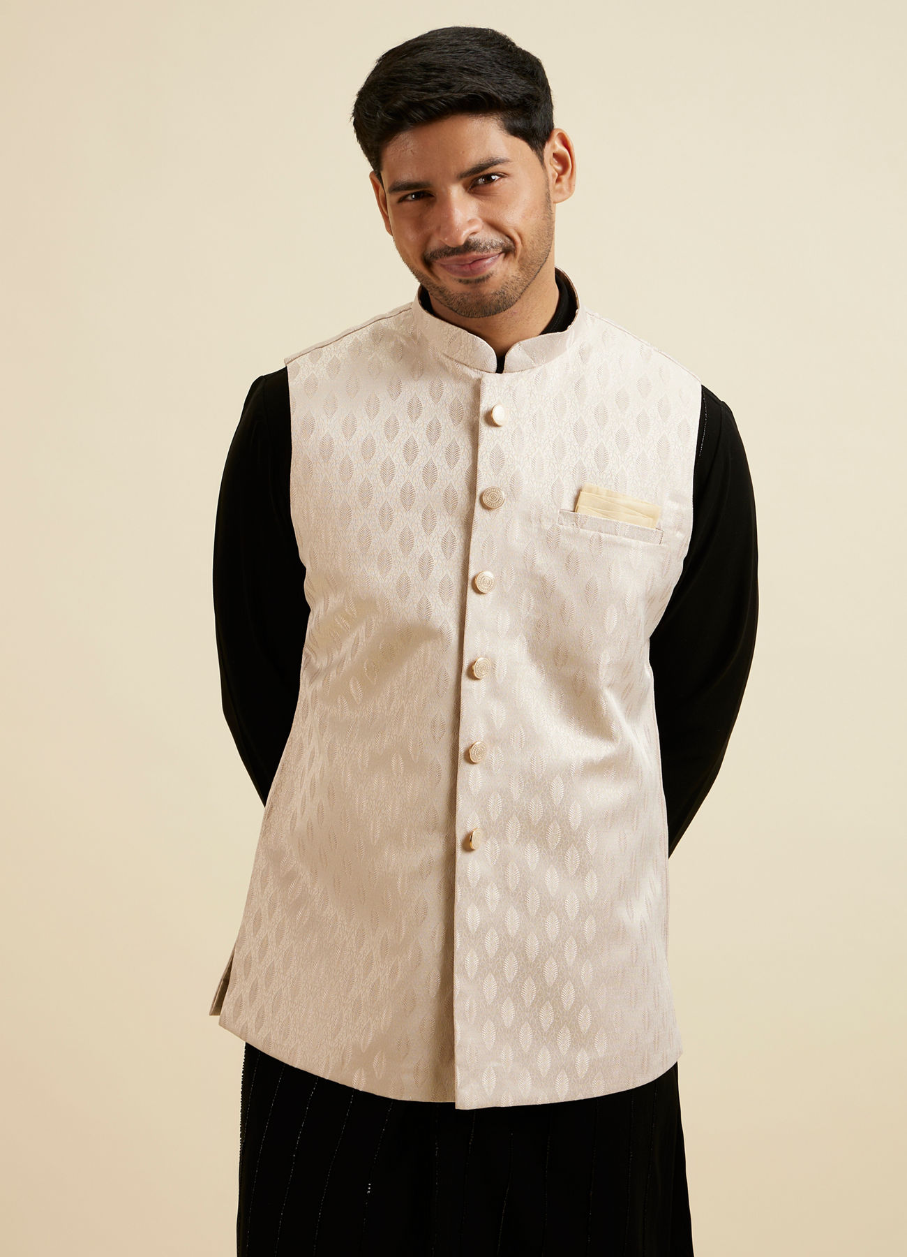 Manyavar Men Beige Brocade Jacket with Leaf Motifs