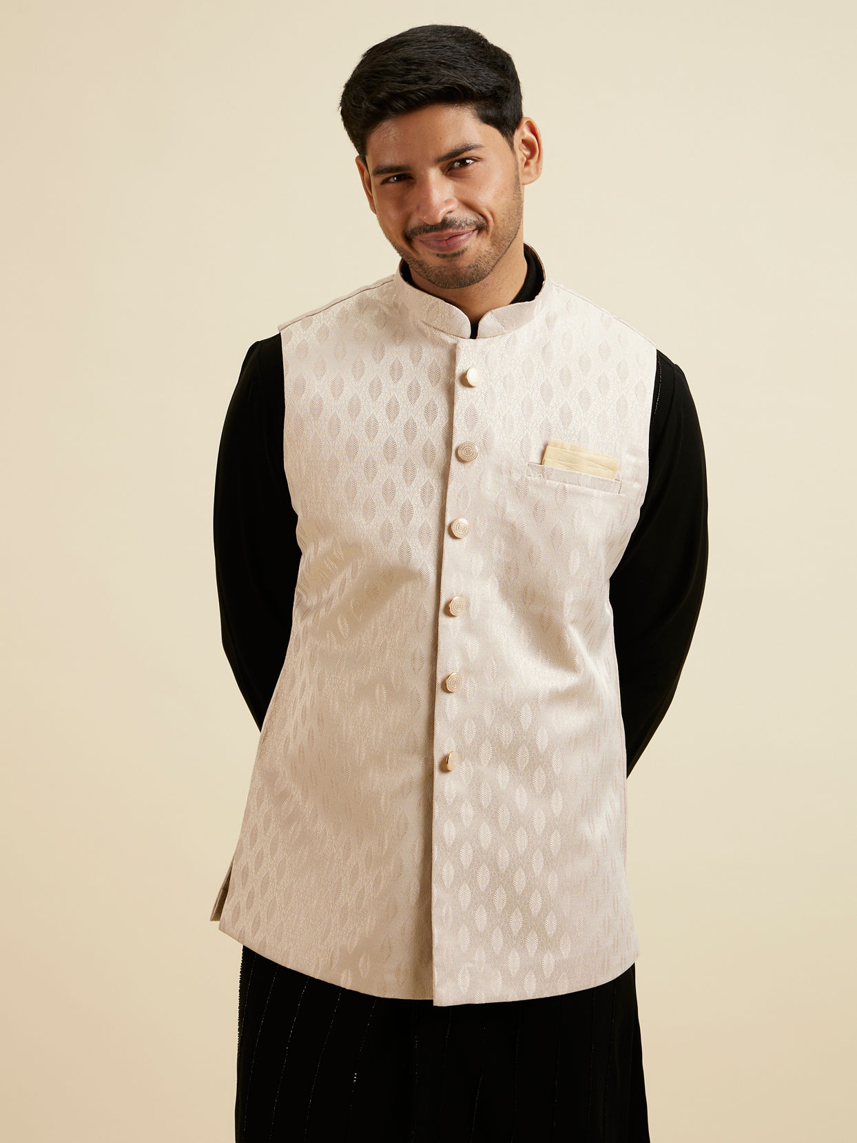 alt message - Manyavar Men Beige Brocade Jacket with Leaf Motifs image number 0