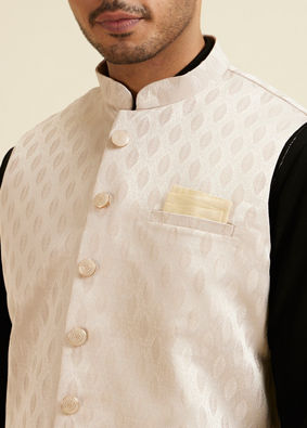 Manyavar Men Beige Brocade Jacket with Leaf Motifs