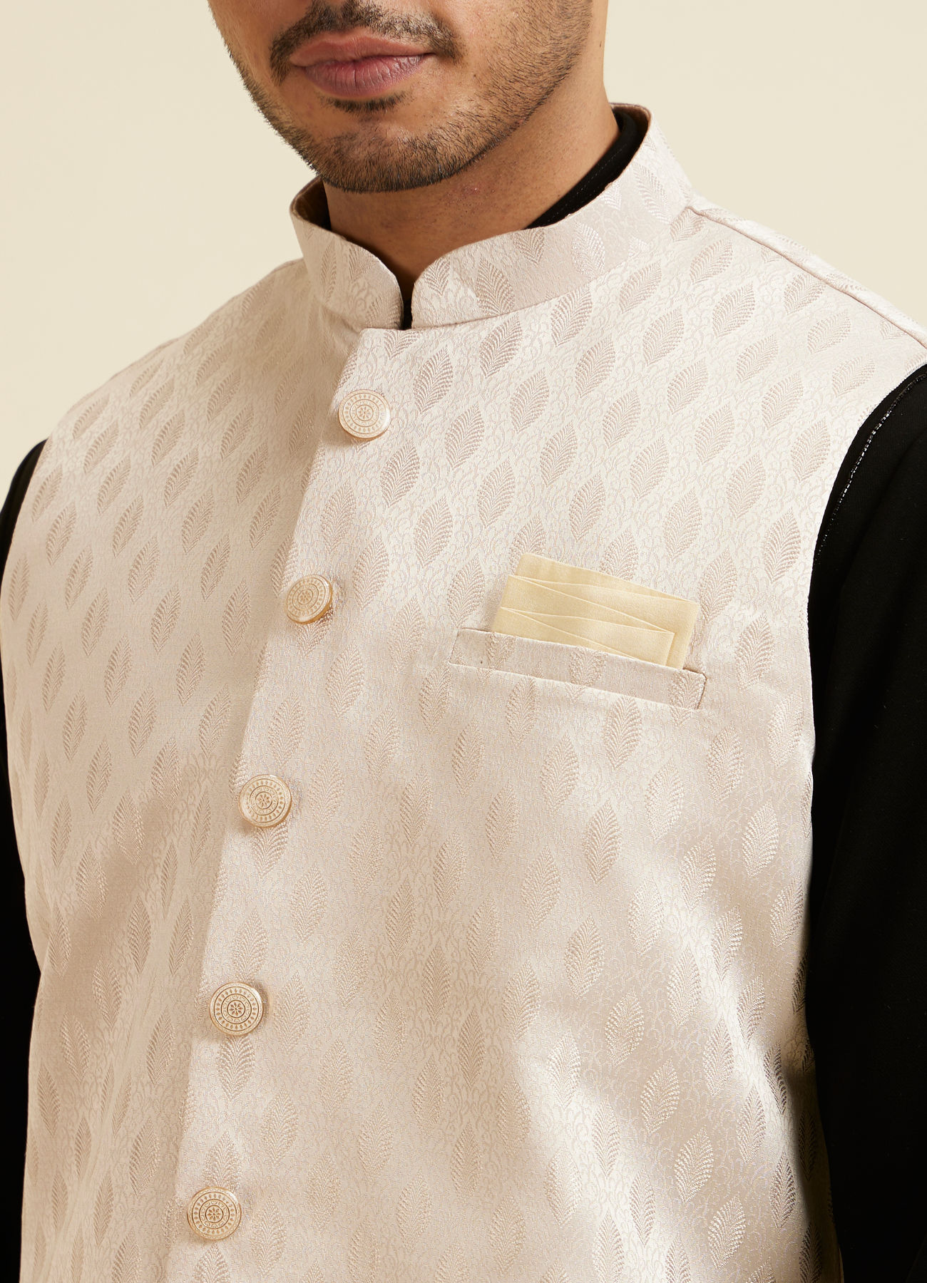 Manyavar Men Beige Brocade Jacket with Leaf Motifs