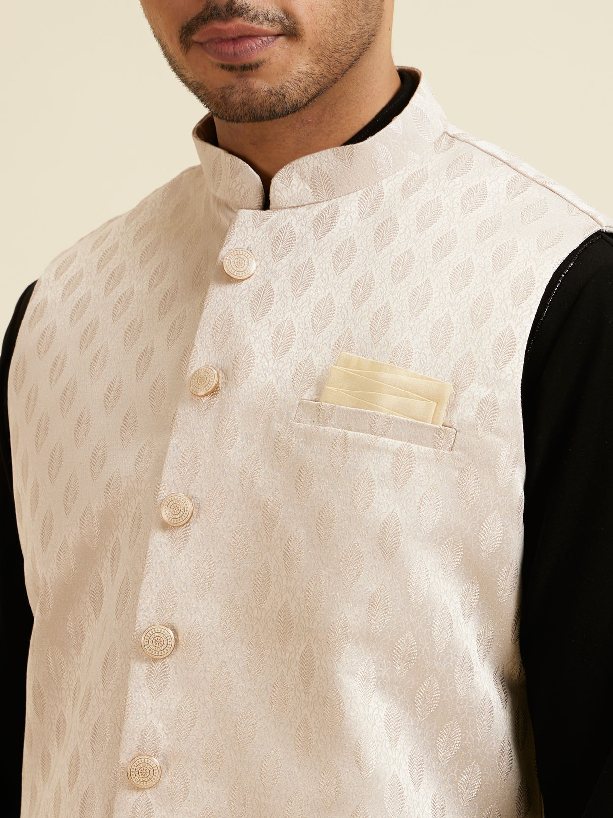 alt message - Manyavar Men Beige Brocade Jacket with Leaf Motifs image number 1