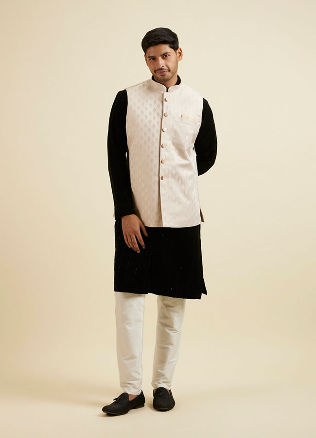 alt message - Manyavar Men Beige Brocade Jacket with Leaf Motifs image number 2