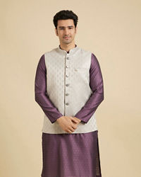 Manyavar Men Luxurious Light Grey Brocade Nehru Jacket