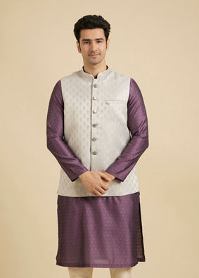 Manyavar Men Luxurious Light Grey Brocade Nehru Jacket image number 0