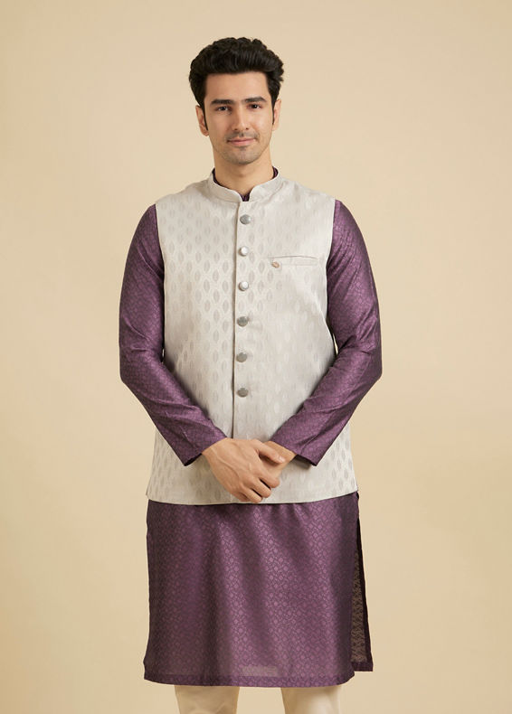 Manyavar Men Luxurious Light Grey Brocade Nehru Jacket