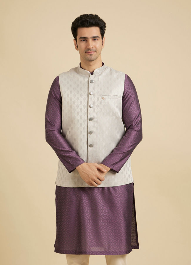 Manyavar Men Luxurious Light Grey Brocade Nehru Jacket image number 0